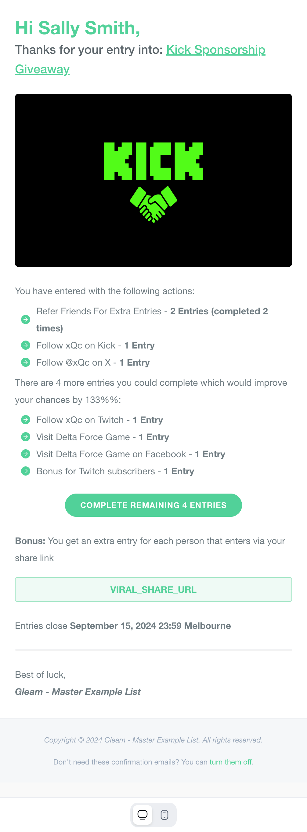 Gleam post entry email