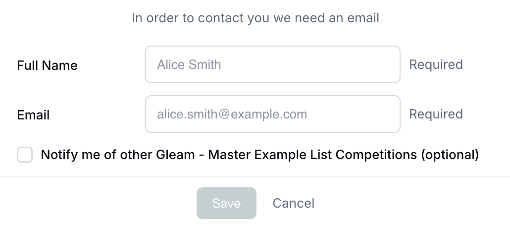 Gleam widget with user detail form