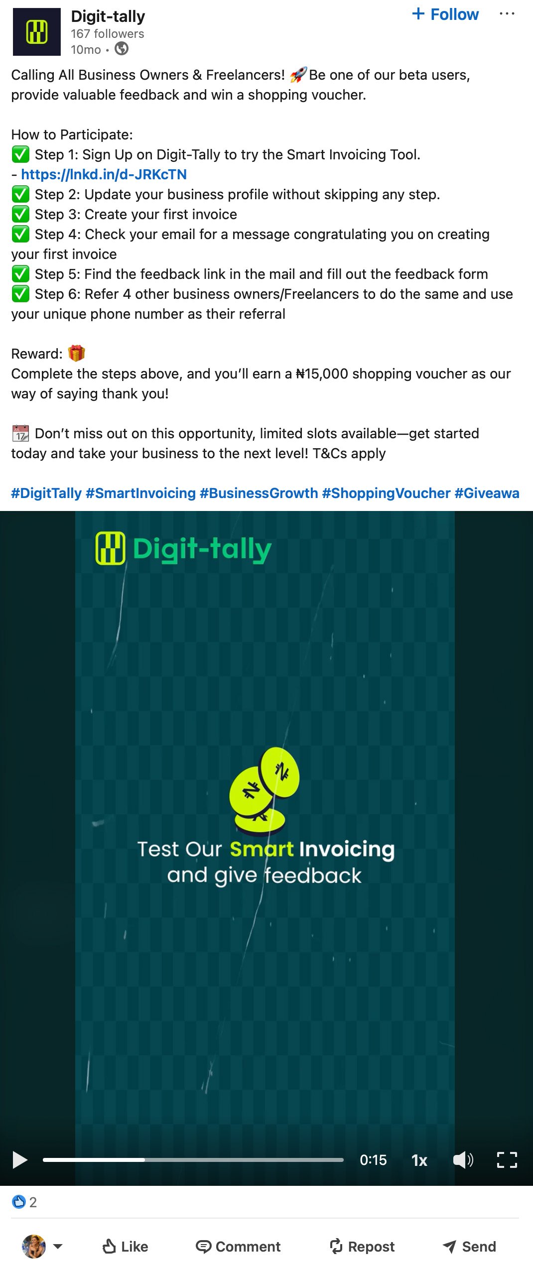 LinkedIn post promoting Digit-tally's smart invoicing tool beta test with a reward for feedback