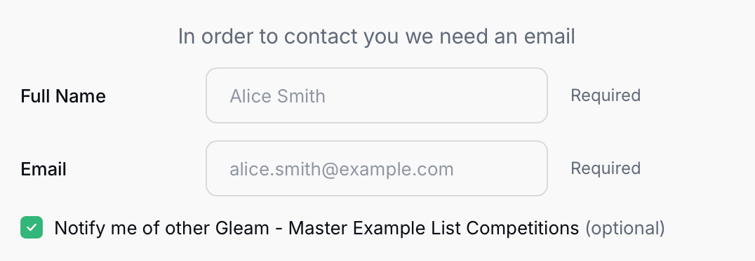Gleam widget contact forms and notify me of other competitions box