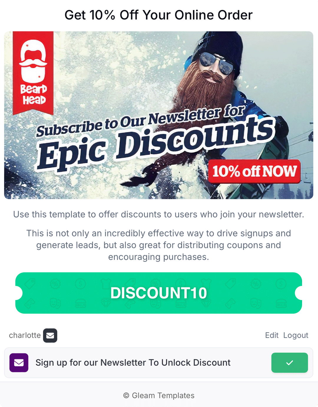 The Reward link or code is displayed in the Gleam widget