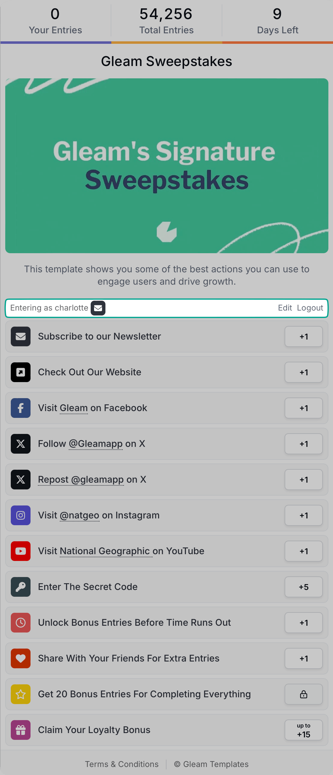 Competition widget with contestant logged in state