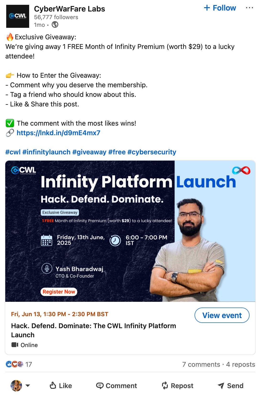 LinkedIn giveaway examples from CyberWarFare Labs and PrettyLittleThing.com using comment and tag mechanics