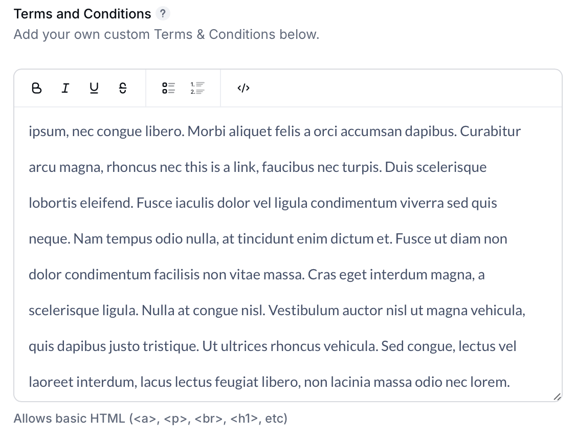 Add custom terms & conditions with the WYSIWYG editor