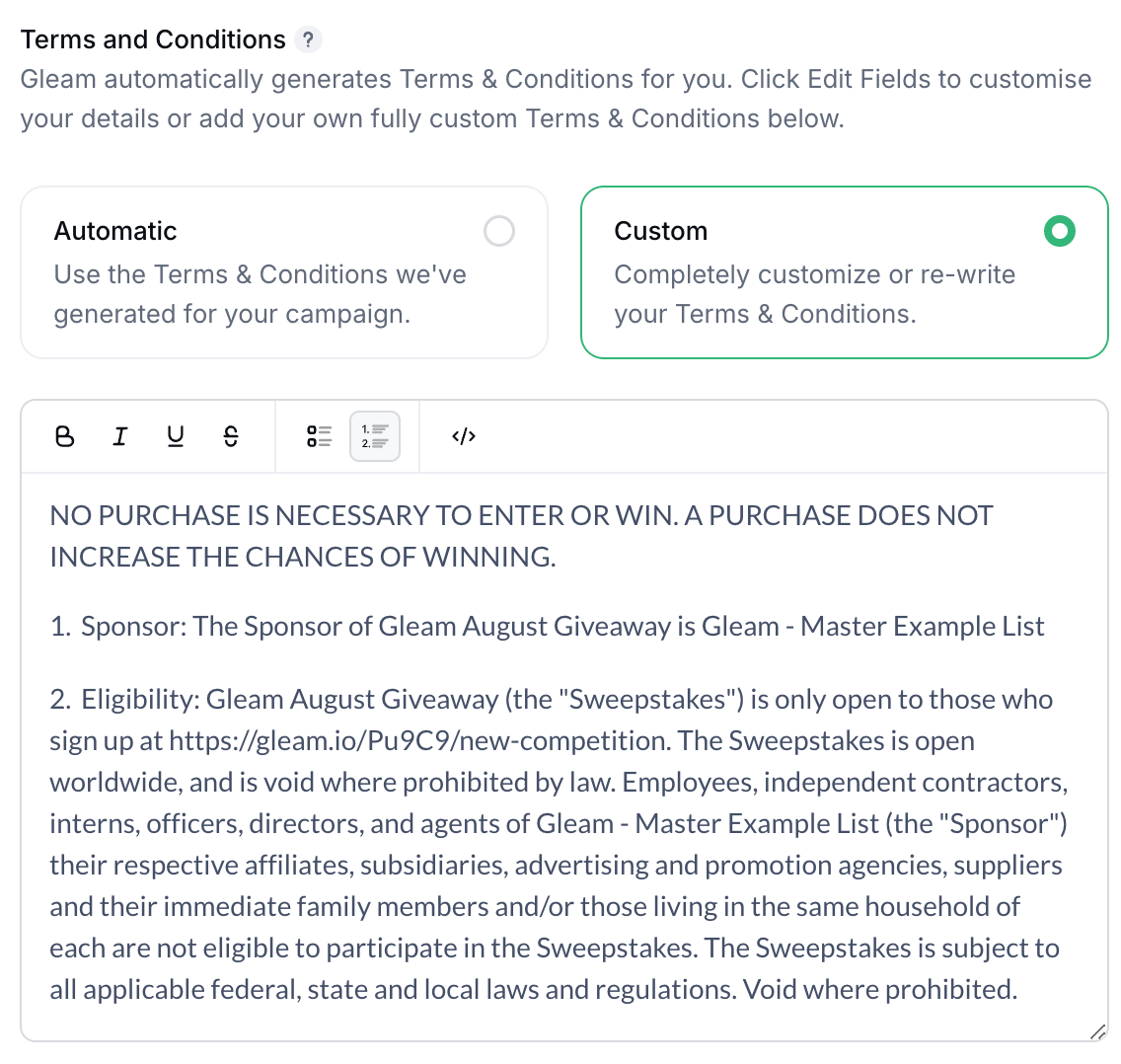 Gleam interface with custom terms and conditions