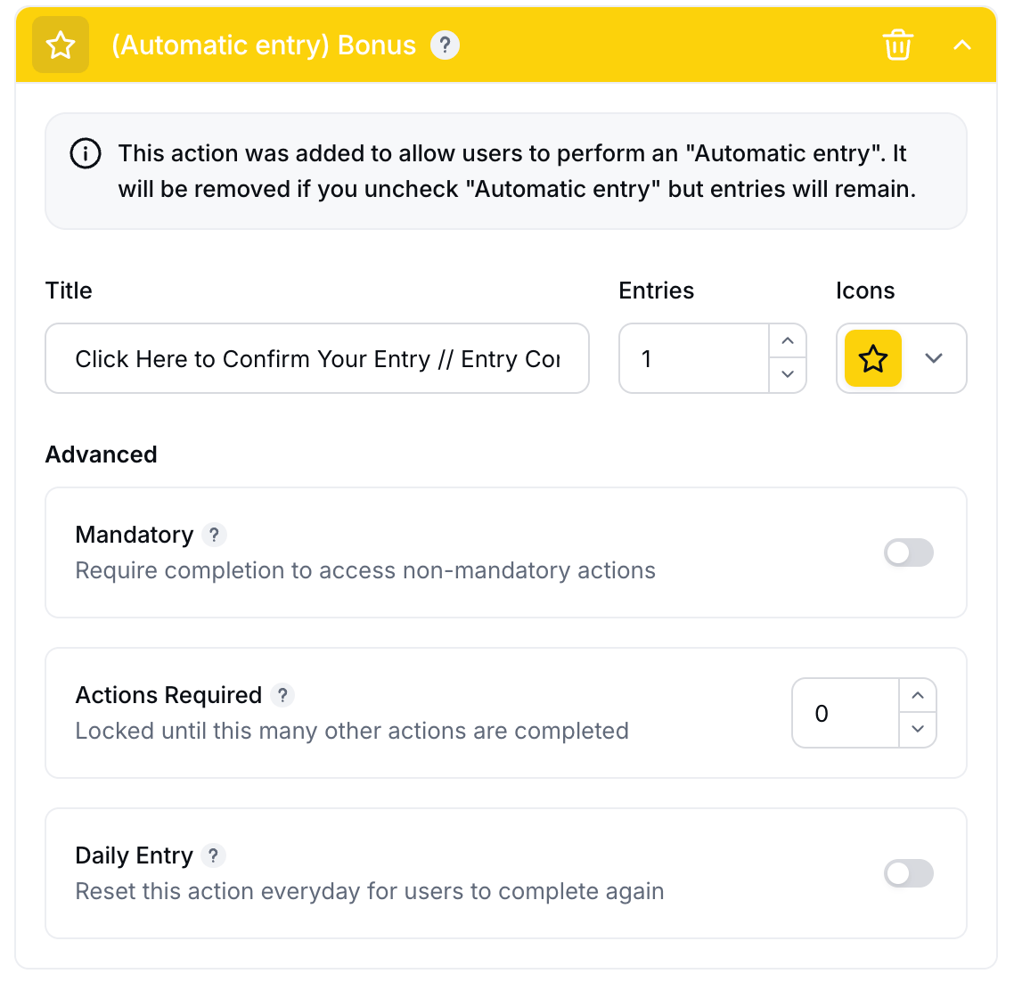 Gleam interface with automatic entry bonus option