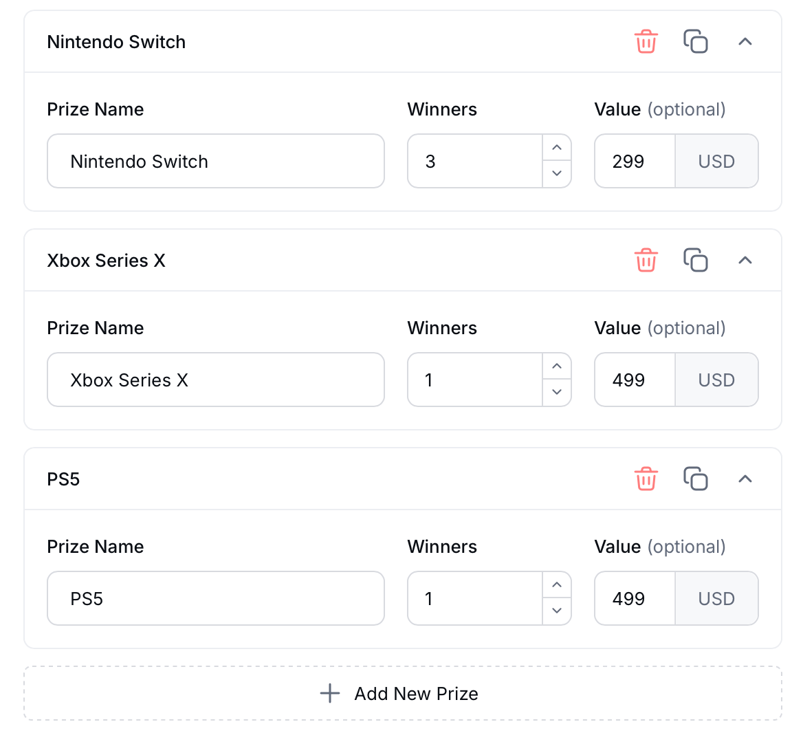 Gleam interface showing prize details with multiple prizes