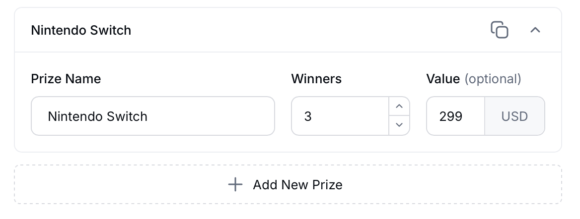 Gleam interface showing prize details