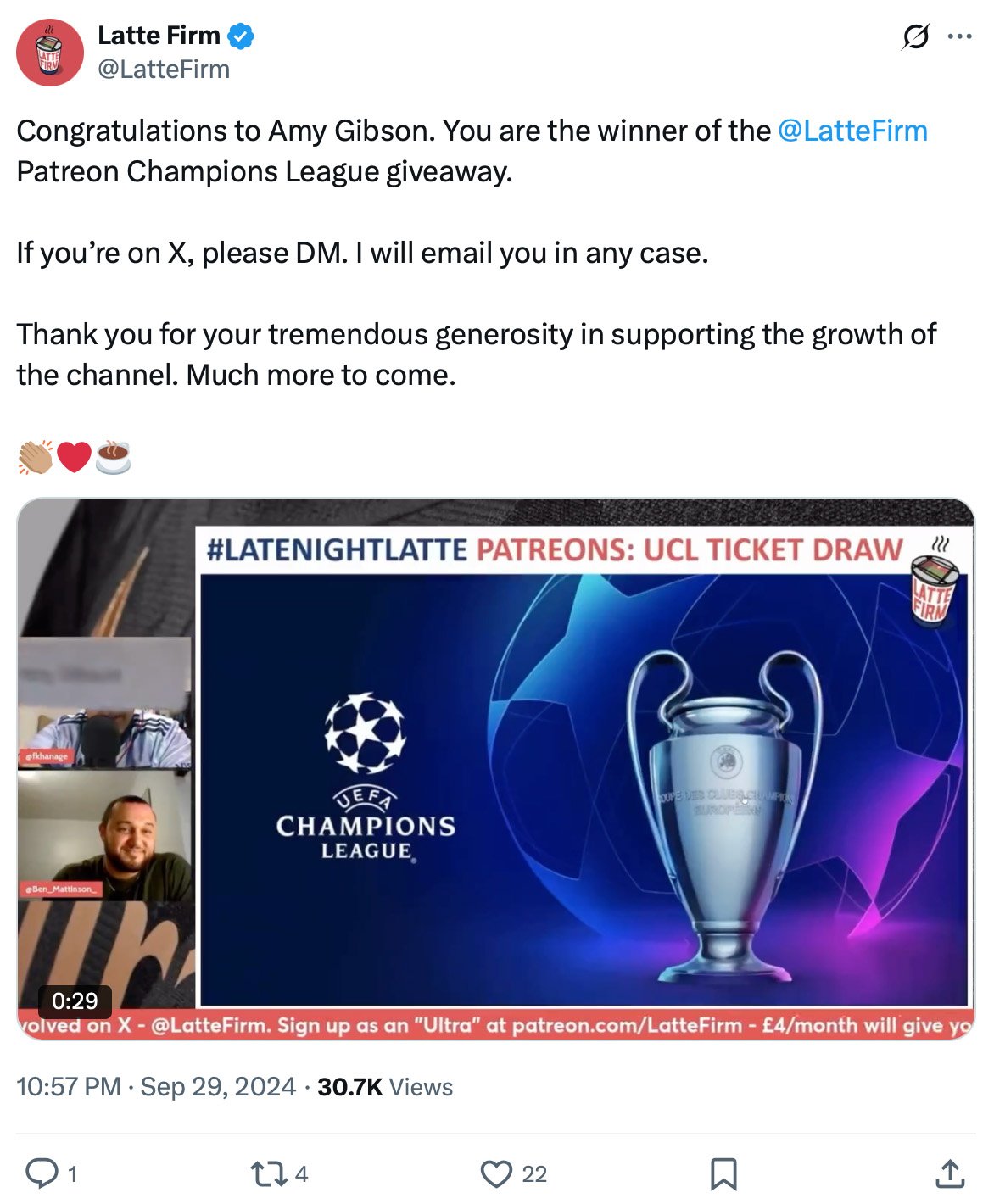 Tweet by @LatteFirm announcing Amy Gibson as the winner of their Patreon Champions League giveaway, with a graphic showing the UCL trophy and a livestream clip