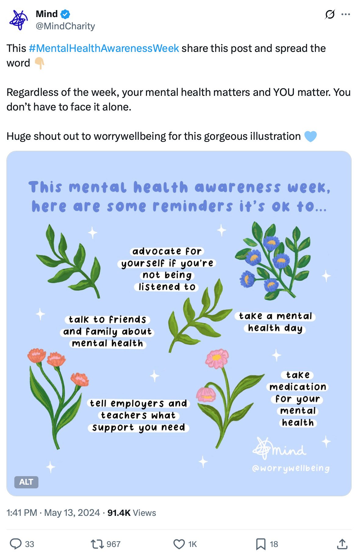 Mind tweet for Mental Health Awareness Week featuring an illustrated reminder with flowers and supportive messages like 'take a mental health day' and 'advocate for yourself'