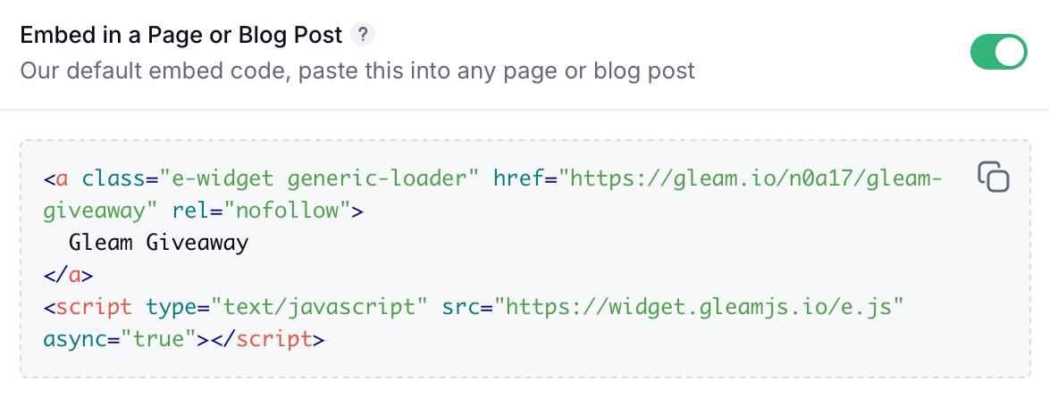 Gleam interface showing embed in page or blog post options and code