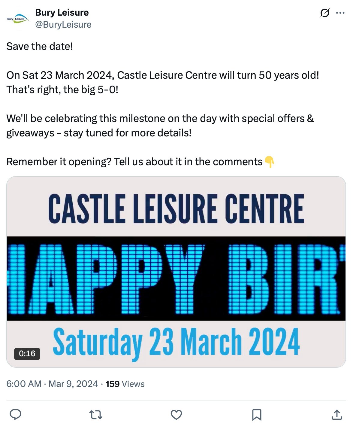 Tweet announcing Castle Leisure Centre’s 50th anniversary event with giveaways and special offers on March 23, 2024
