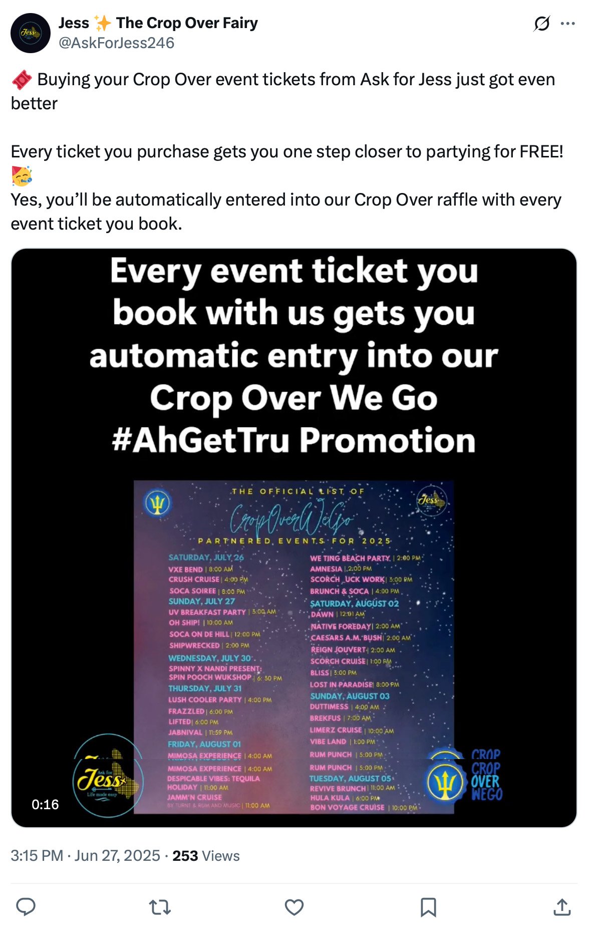 Tweet from Ask for Jess promoting a Crop Over raffle where each ticket booked gives automatic entry