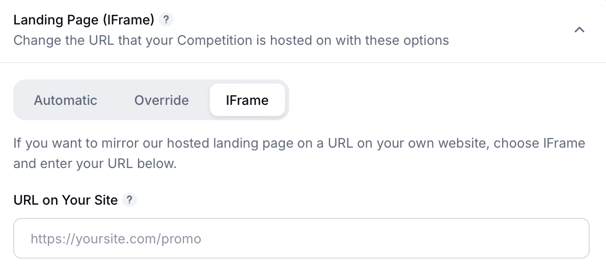 Gleam interface showing landing page for IFrame options