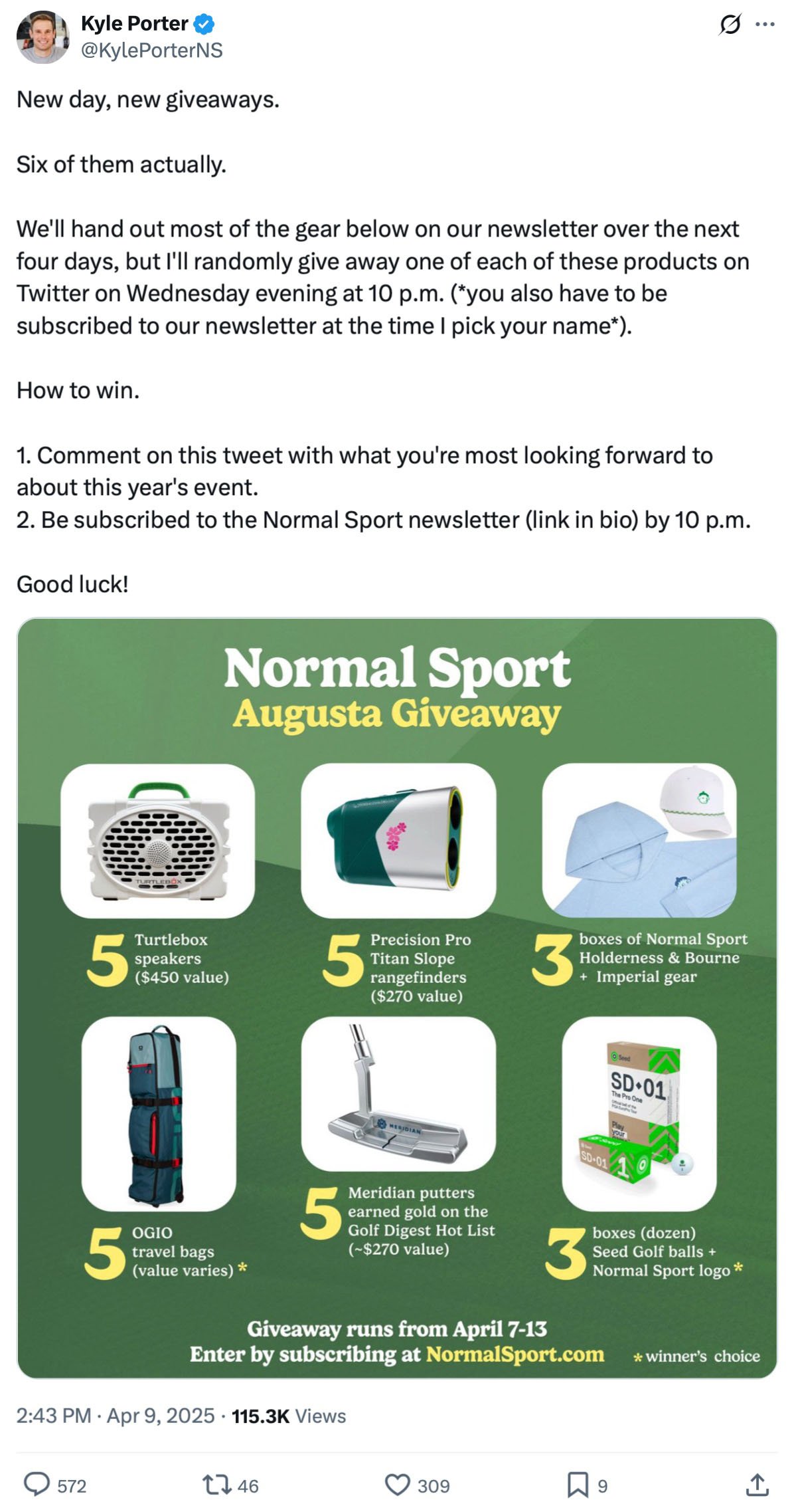 X post from Kyle Porter announcing six Normal Sport Augusta Giveaway prizes including Turtlebox speakers, Precision Pro rangefinders, golf gear, OGIO travel bags, Meridian putters, and Seed golf balls. Entry requires commenting and subscribing to the Normal Sport newsletter.