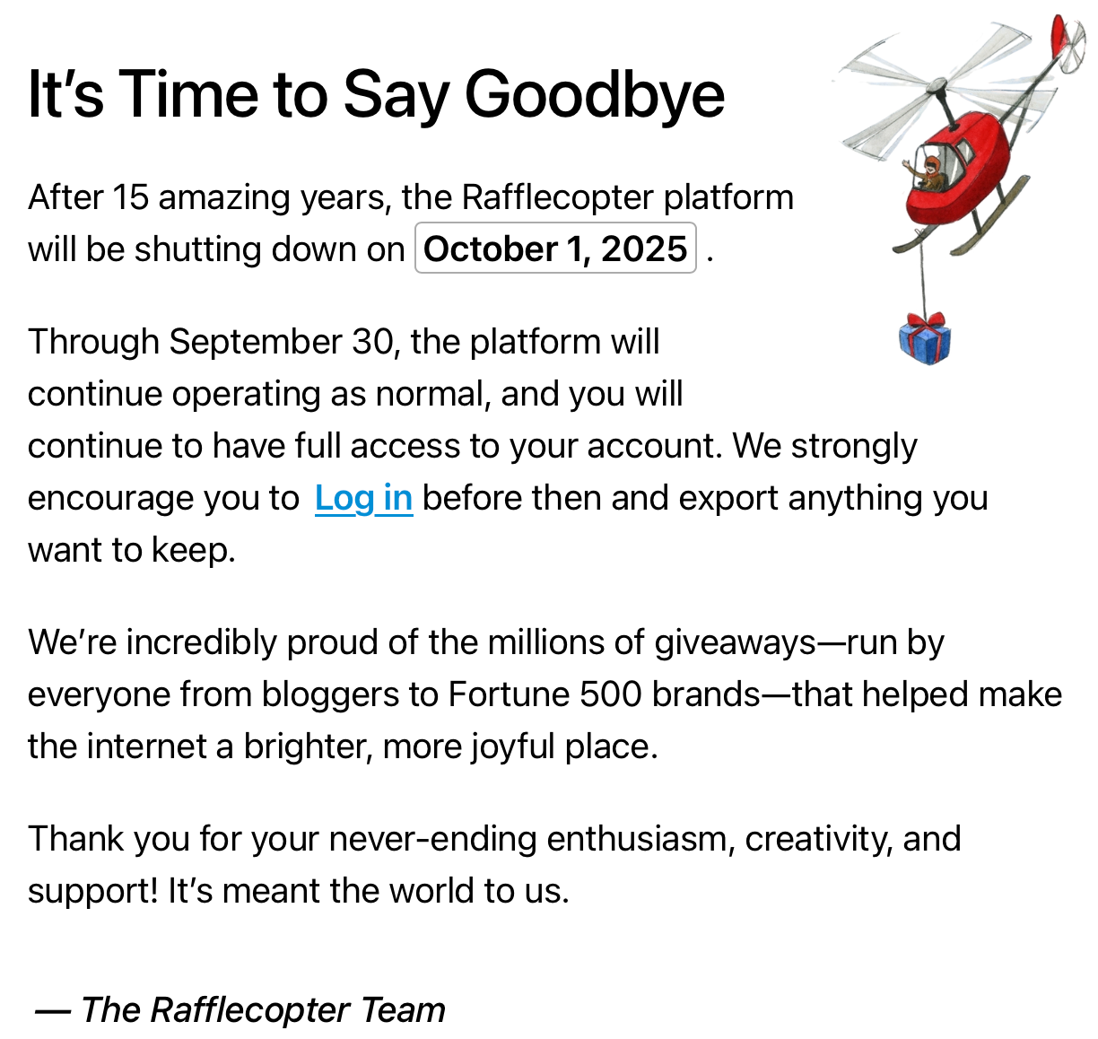 Shutdown announcement from Rafflecopter showing October 1, 2025 as the closure date