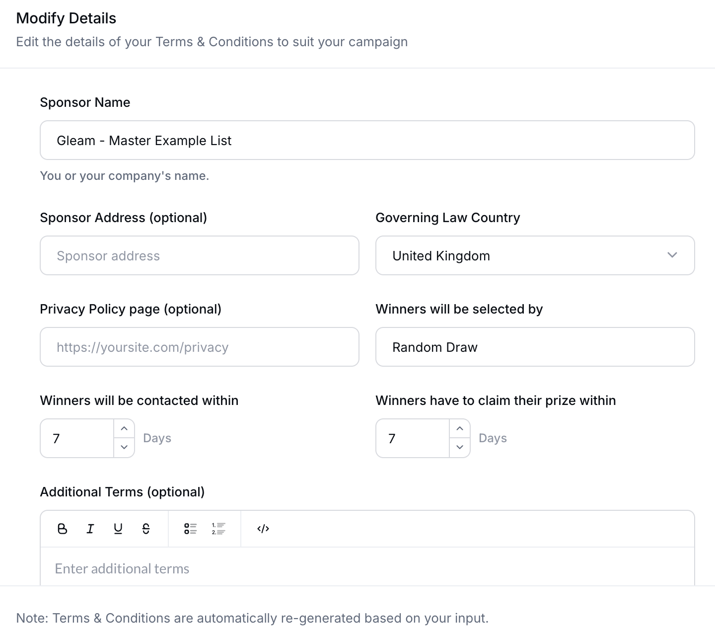 Gleam interface with custom terms and conditions