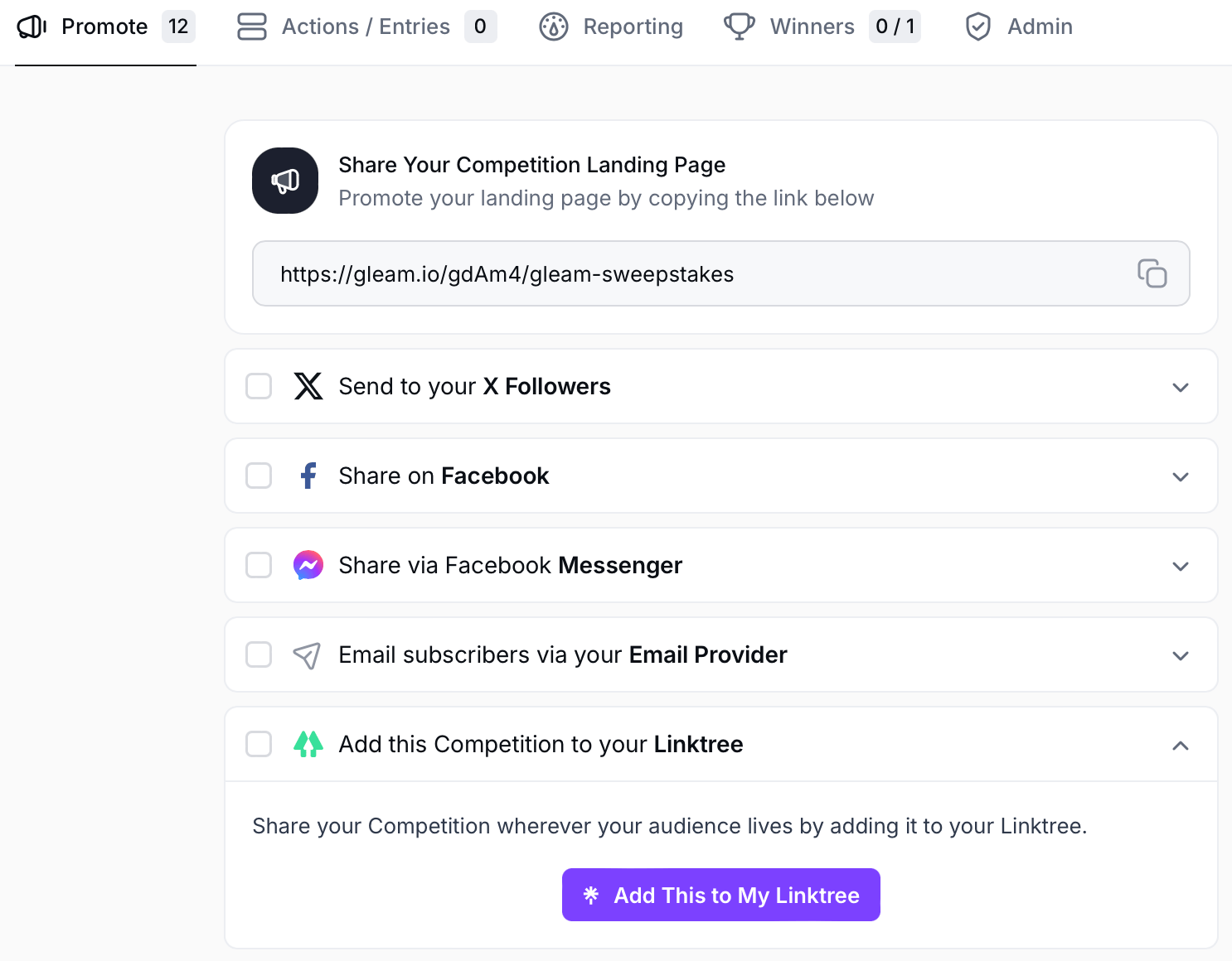 Add Competition to Linktree From Promote Tab