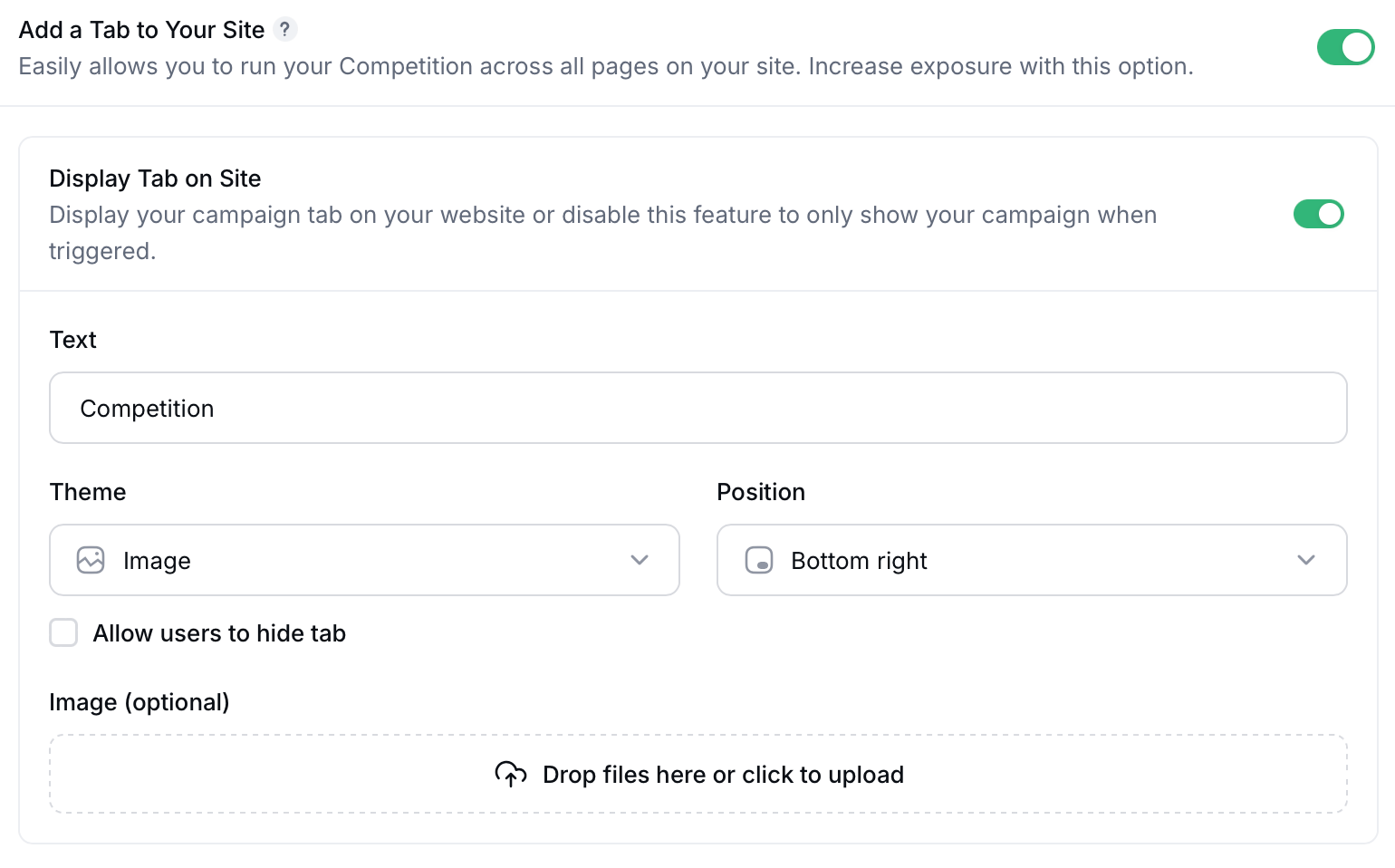 Gleam interface showing Landing page options