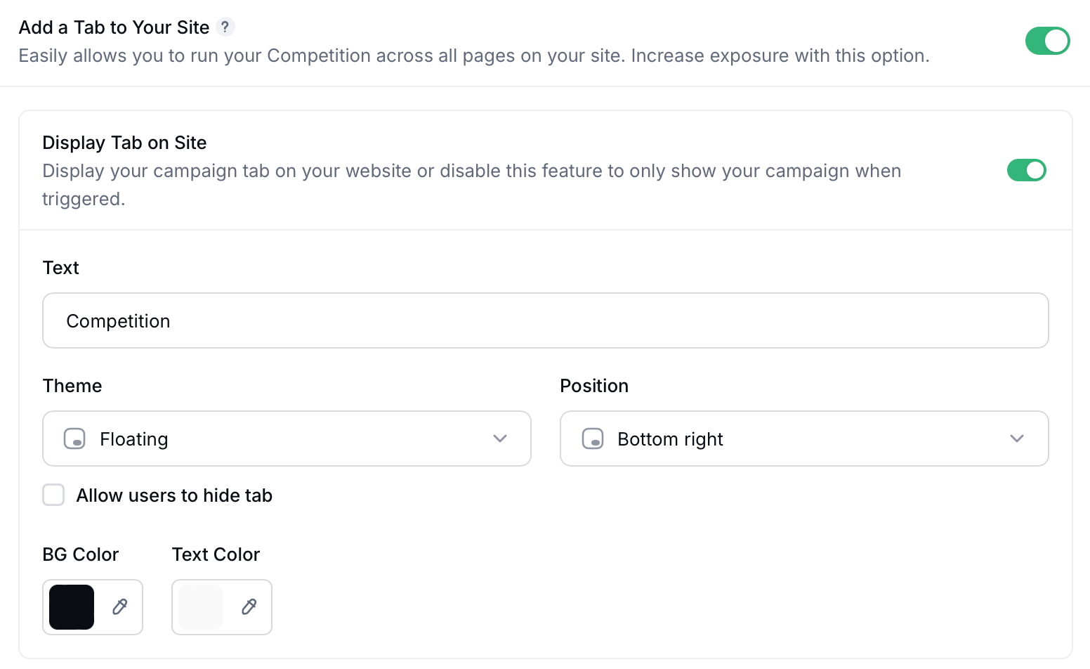 Gleam interface showing add a tab to your site options