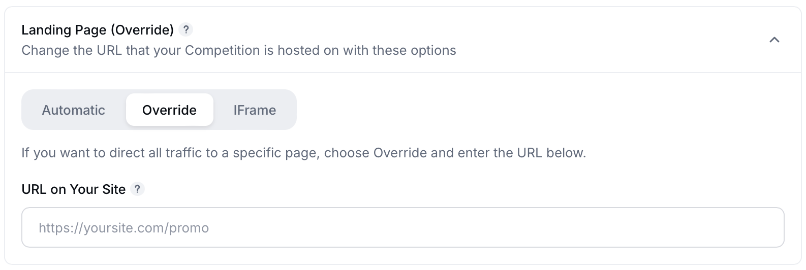 Gleam interface showing Landing page options with override options