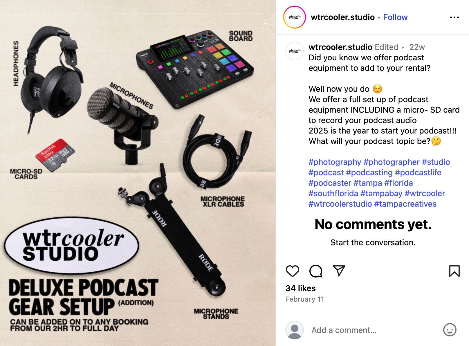 Instagram post from WTR Cooler Studio showcasing deluxe podcast gear setup including microphones, headphones, sound board, cables and stands