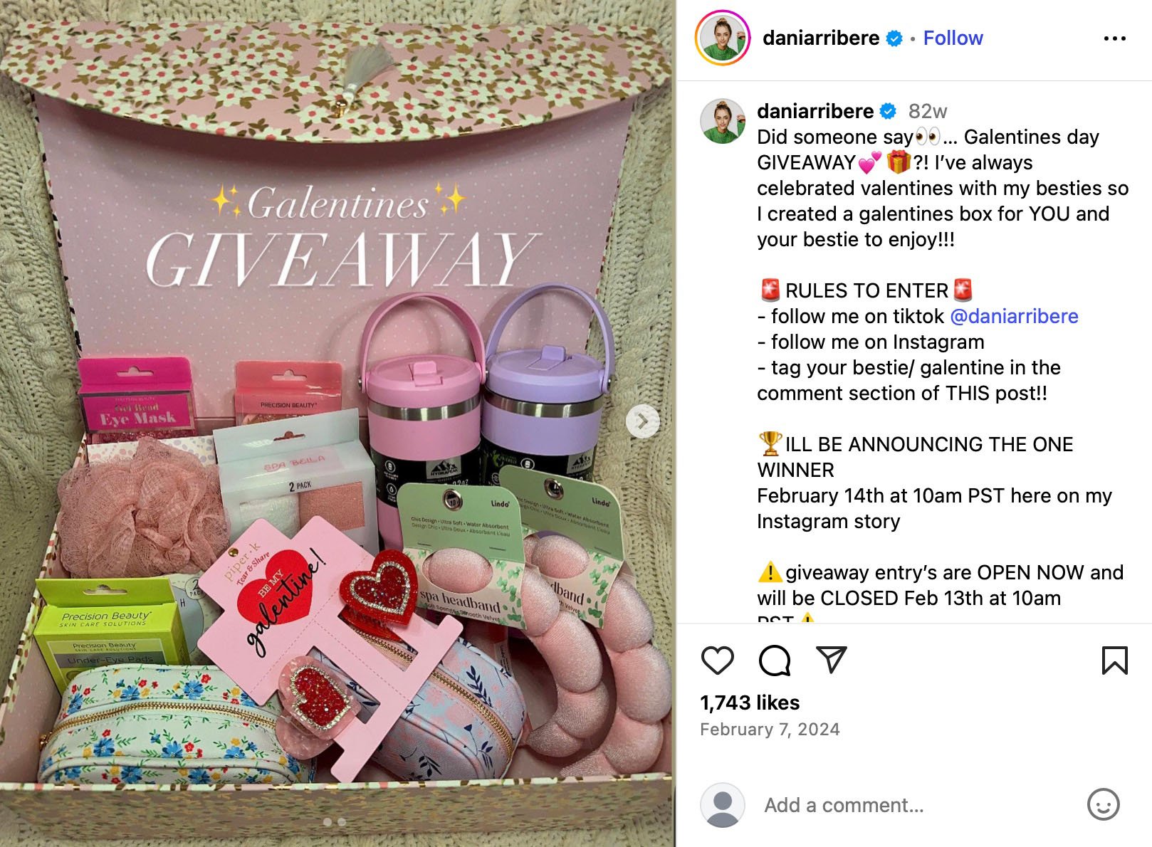 Instagram Galentine’s giveaway post featuring a curated gift box with self-care items, drinks, and accessories for friends