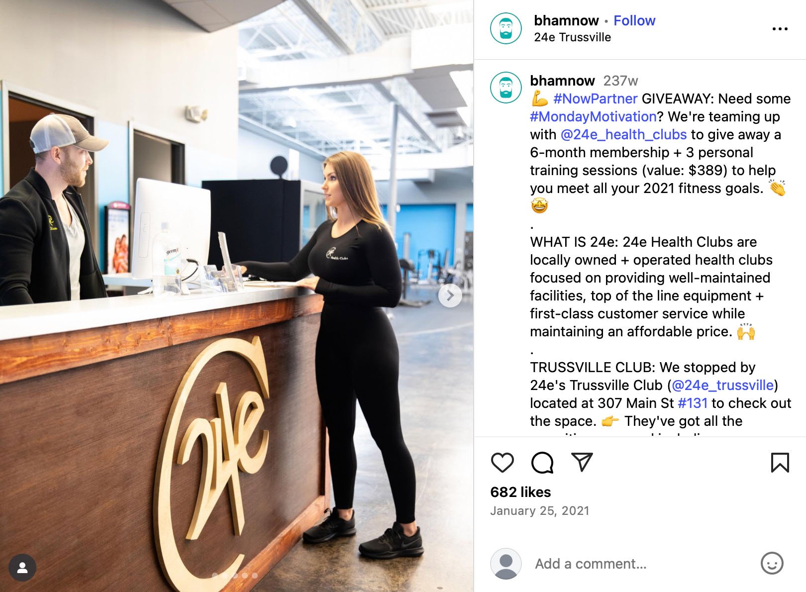 24e Health Club giveaway promotion on Instagram showing a gym membership contest
