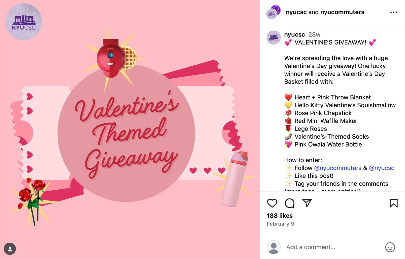 Instagram Valentines giveaway post with themed gifts and decorations on display