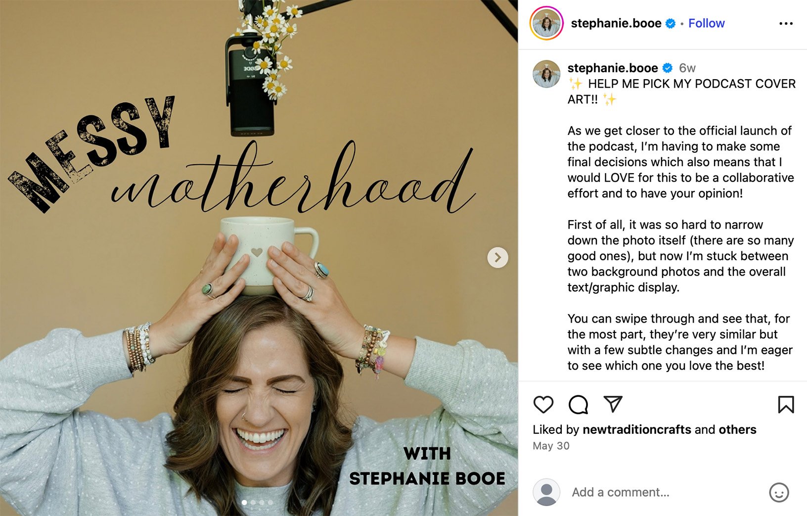 Instagram post by Stephanie Booe asking followers to vote on podcast cover art for 'Messy Motherhood'