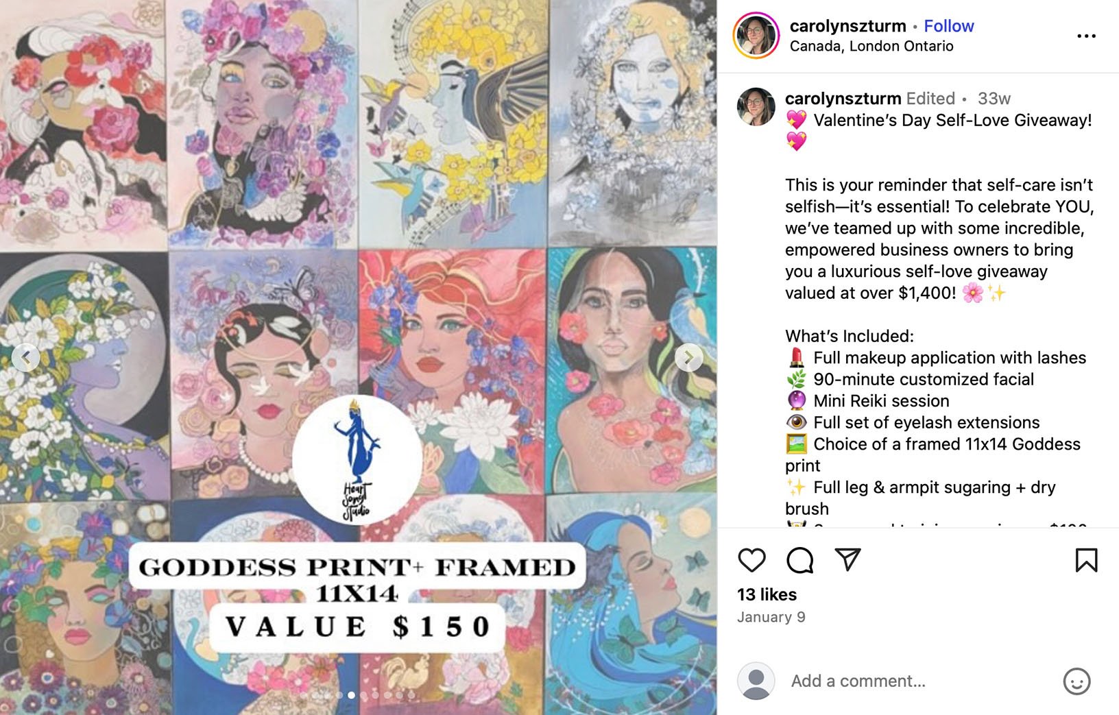 Instagram Valentine’s Day self-love giveaway post featuring goddess-themed art prints and a list of luxury self-care prizes