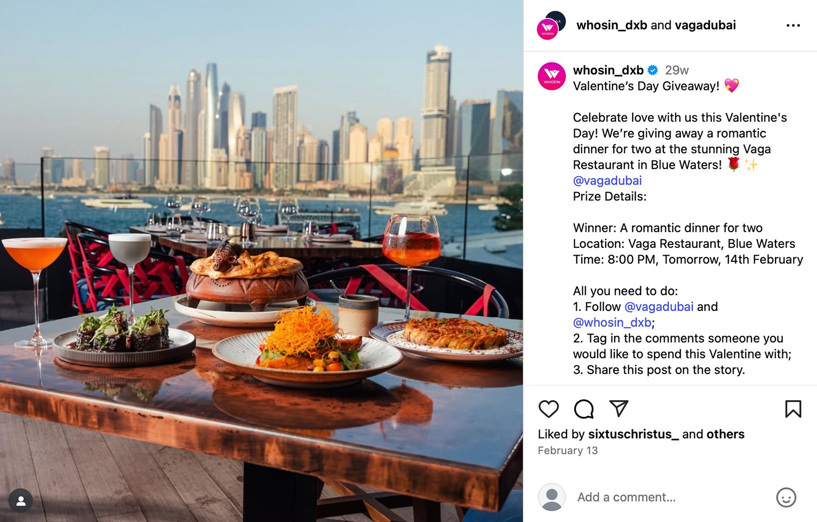 Instagram Valentine’s giveaway post offering a romantic dinner for two at Vaga Restaurant in Dubai with city views and cocktails