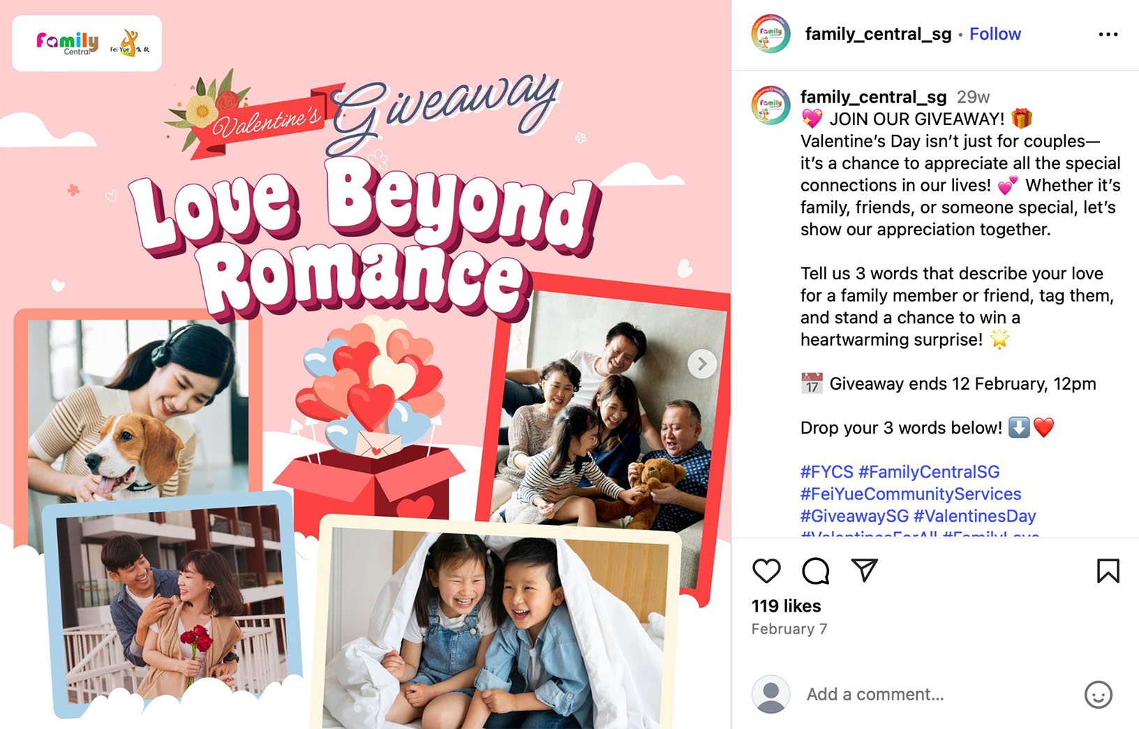 Instagram Valentines giveaway post celebrating love beyond romance with photos of families, friends, and pets