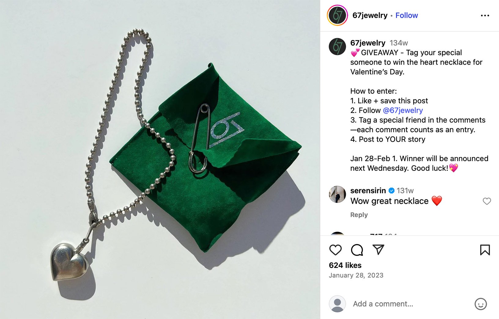 Instagram Valentines giveaway post featuring jewellery displayed in a heart-shaped box with roses