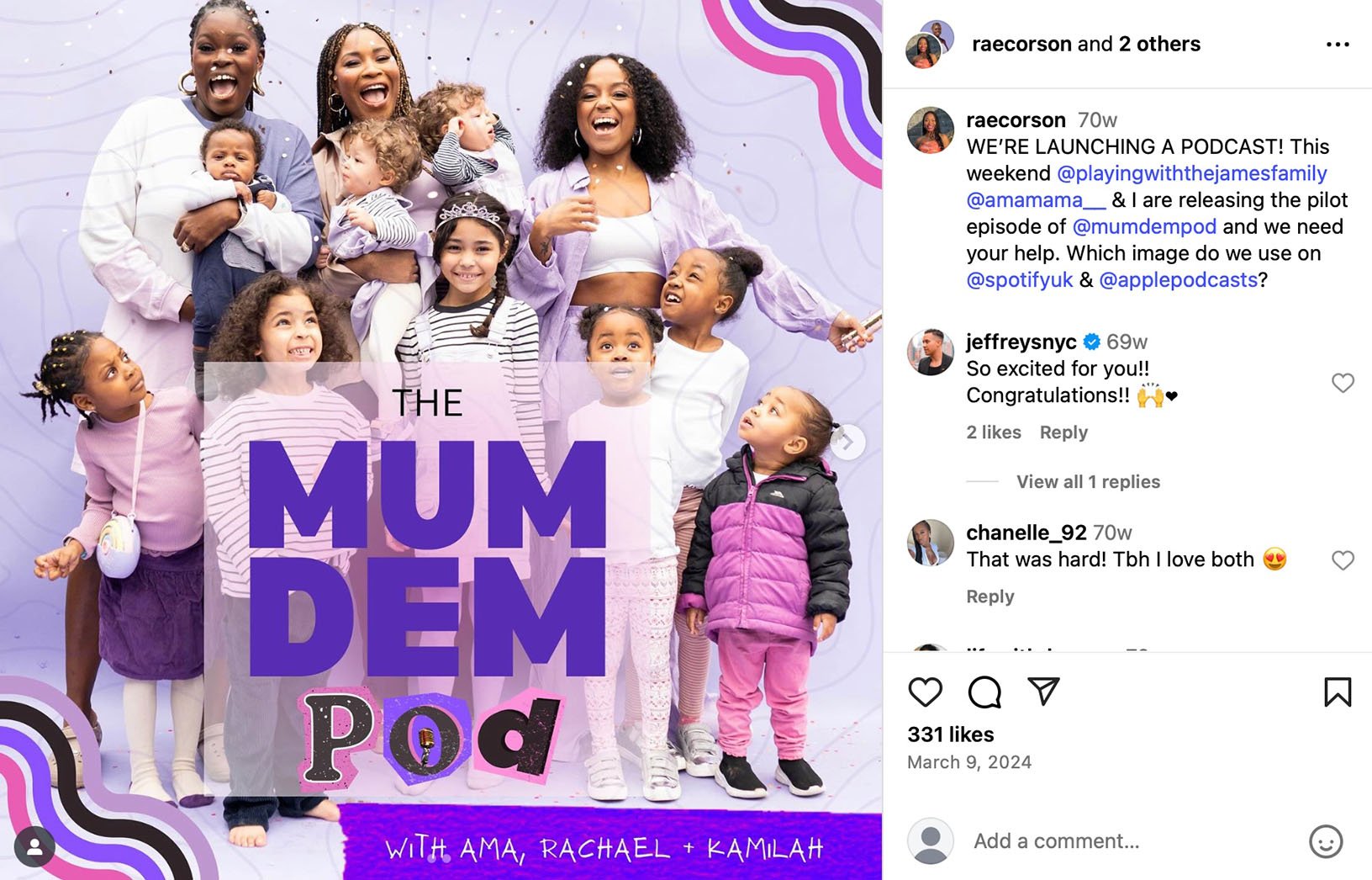 Instagram post announcing the launch of The Mum Dem Pod, featuring three hosts with children in a celebratory group photo