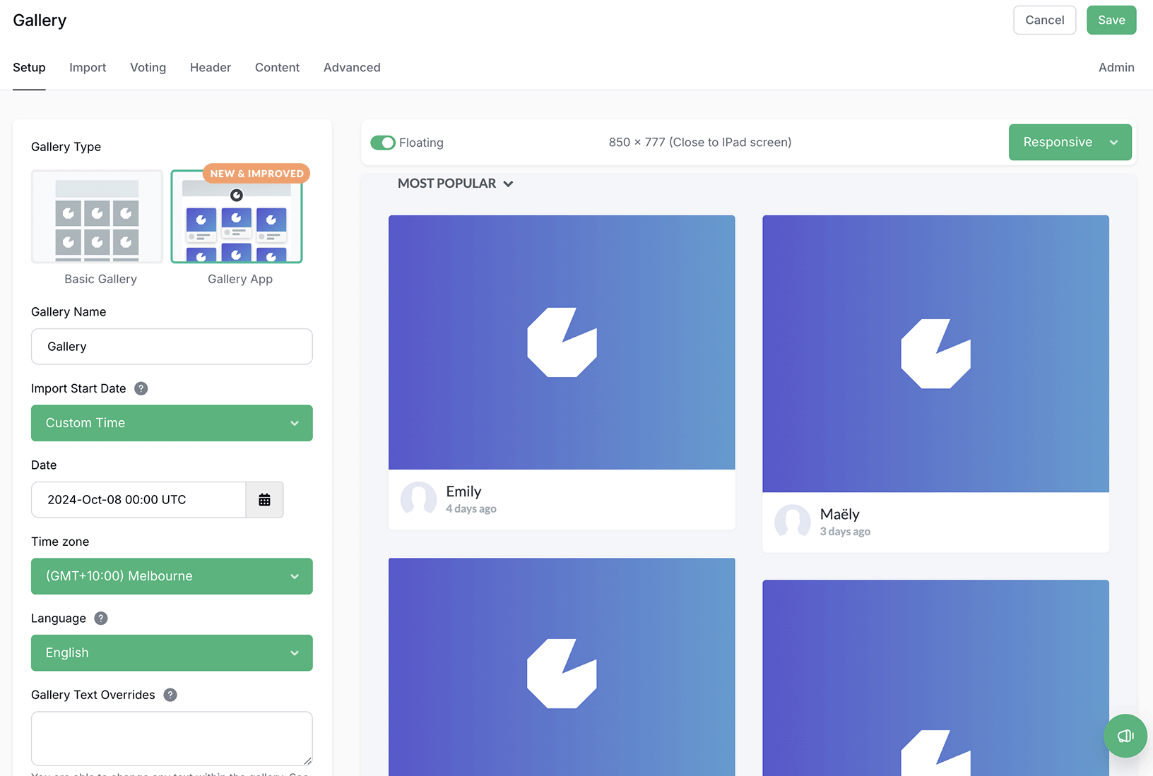 Setup tab for Gleam Gallery