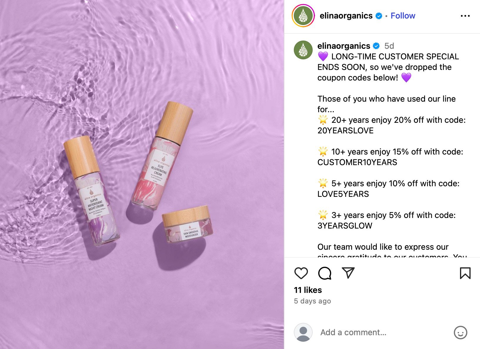Instagram post by Elina Organics showing a tiered coupon code campaign with different discounts for 3, 5, 10, and 20+ year customers