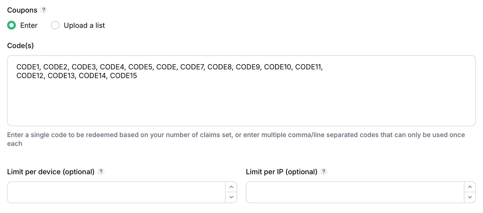 Enter multiple, one-time-only coupon codes