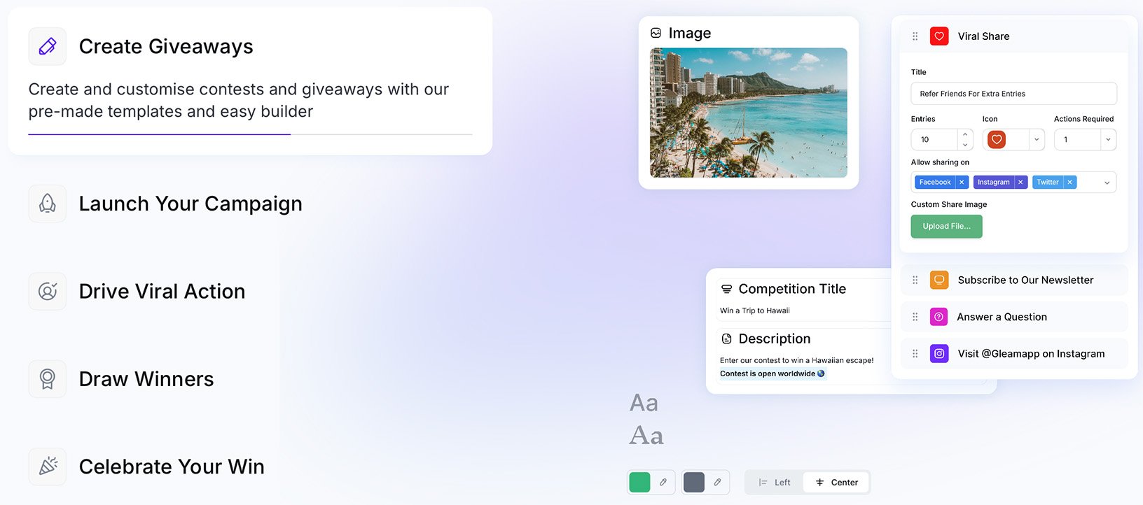 Example of a Gleam competition setup showing viral sharing, contest entry actions, newsletter subscription, and photo contest options