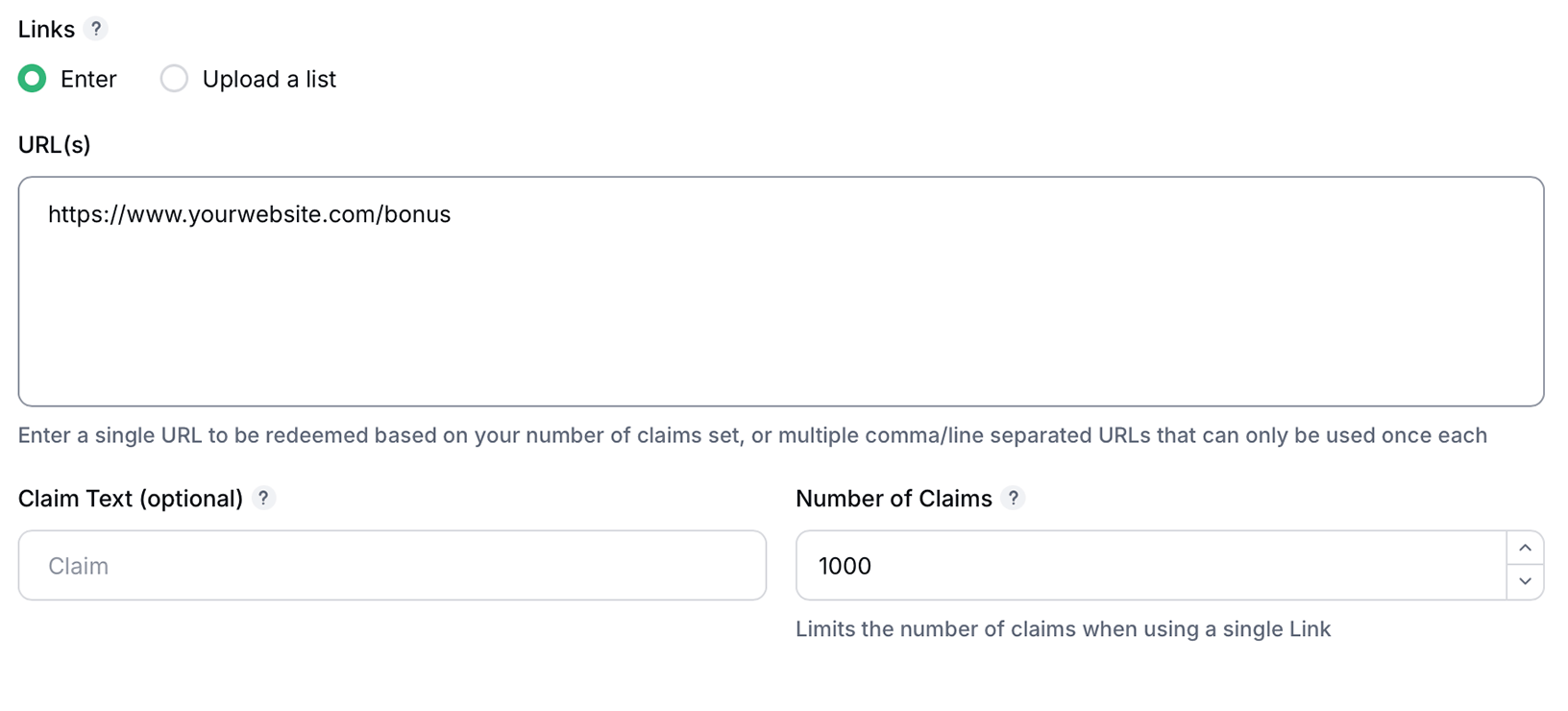 Enter a URL for redirecting