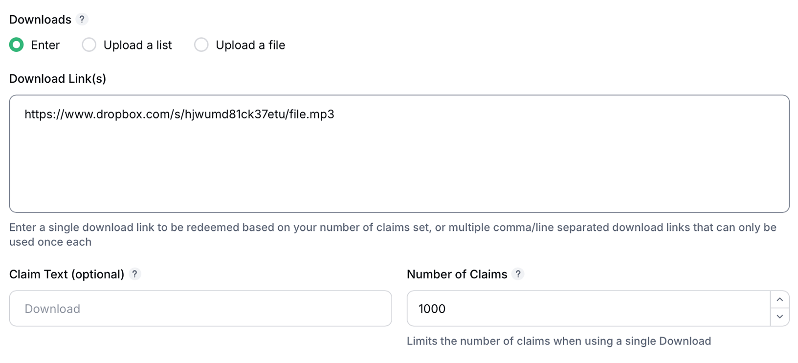 Enter the URL for a downloadable file
