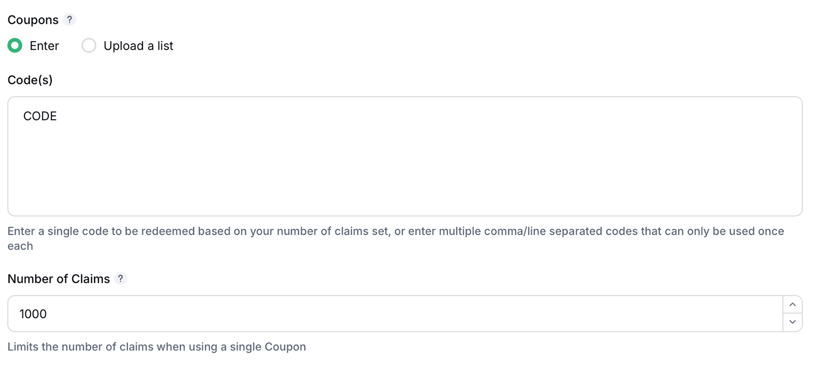 Enter a single, reusable coupon code