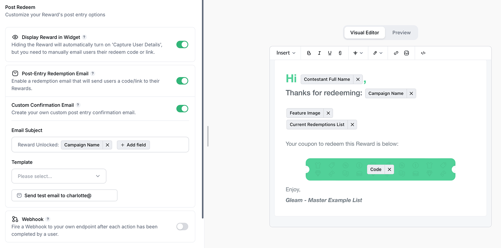 Customise your post-redemption email in the editor