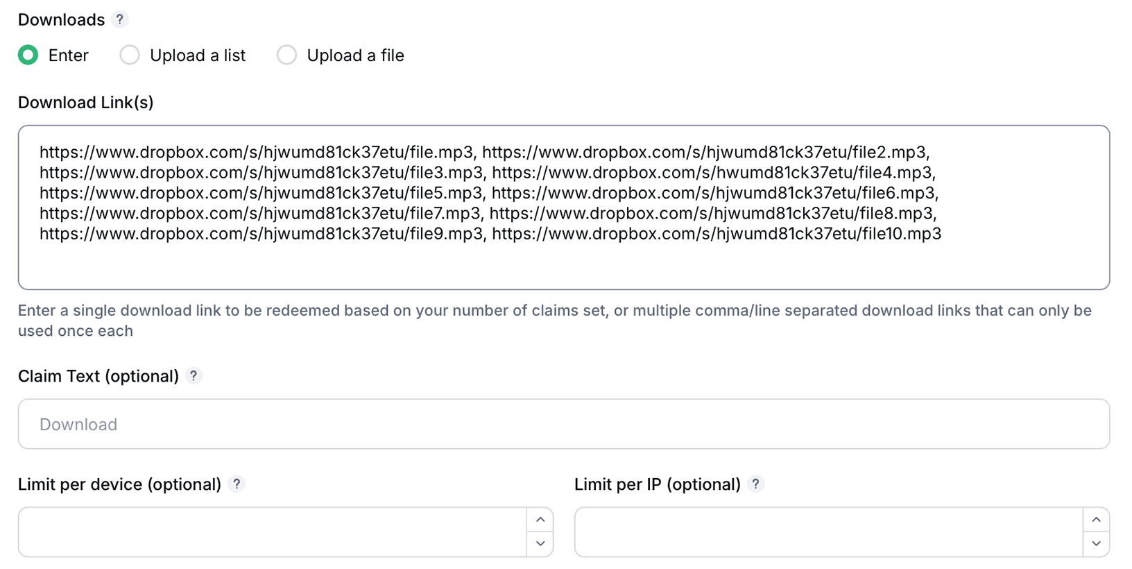 Enter URLs for multiple downloads